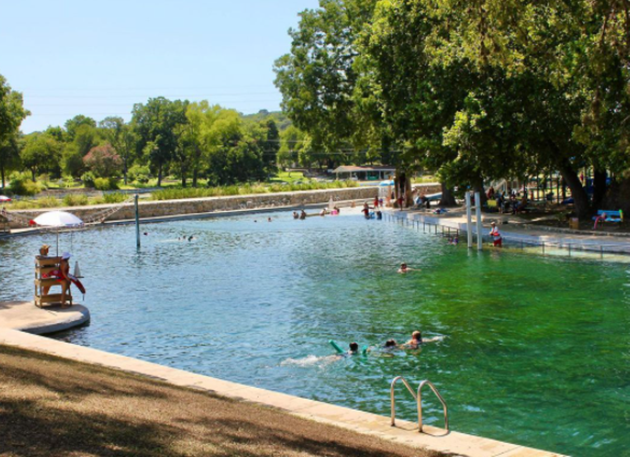 Landa Park Aquatic Complex
164 Landa Park Dr, New Braunfels, (830) 221-4350, nbtexas.org
While Landa Lake is home to endangered species and off-limits for swimming, visitors to the 51-acre Landa Park can take a dip in the park’s spring-fed pool — or better yet, jump in using the pool’s rope swing. 
Photo via Instagram / greatspringsproject