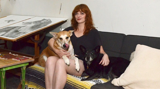 Artist Hilary Rochow’s canine companions Marnie and Tilly join her in her Southtown studio.