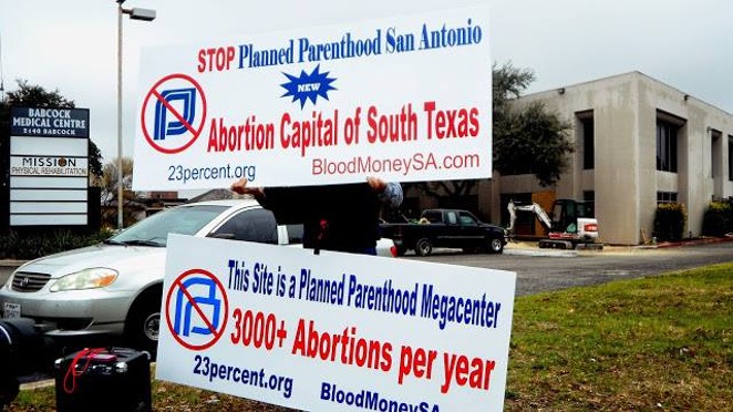 Anti-abortion protestors at a February 5 demonstration outside of Planned Parenthood South Texas' planned ambulatory surgical center at 2140 Babcock Road. - BLOODMONEYSA