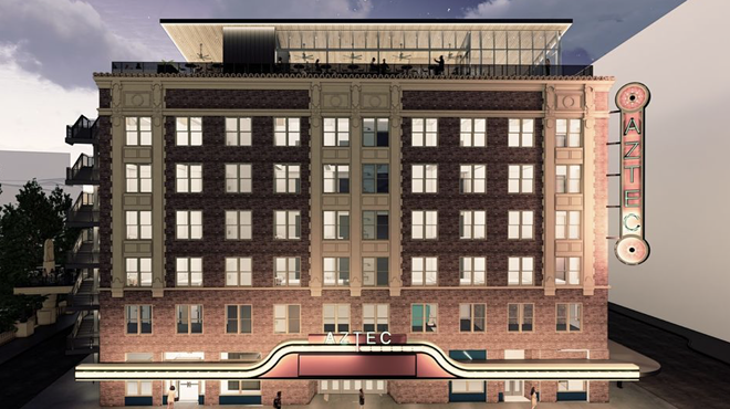A rendering shows proposed changes to the Aztec Theatre, including a rooftop restaurant and bar.