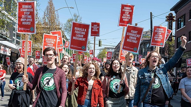 Starbucks workers in Seattle rally for union representation.