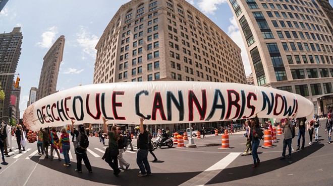Marchers at a street protest demand cannabis reform.