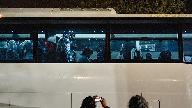 Two buses transporting migrants from Texas arrive at Union Station in Washington, D.C., on April 21. In the state’s latest instance of sending migrants to cities led by Democrats, more than 100 people arrived at Vice President Kamala Harris’ residence on Christmas Eve.