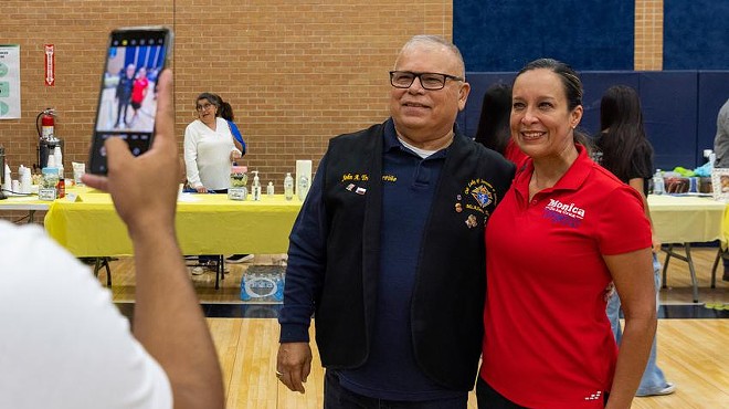 Monica De La Cruz, the Republican candidate for Texas’ 15th congressional seat, poses for a photo with a supporter in McAllen.
