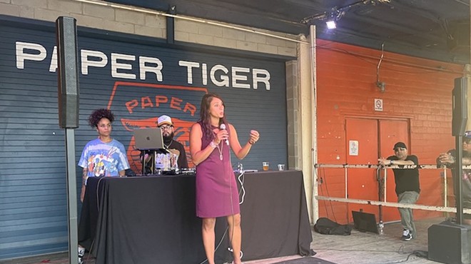 District 1 San Antonio City Councilwoman-elect  Sukh Kaur speaks to supporters during a Sunday, May 28, rally at the Paper Tiger.
