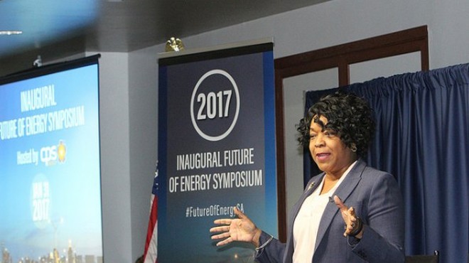 CPS Energy CEO Paula Gold Williams speaks during a 2017 energy symposium.