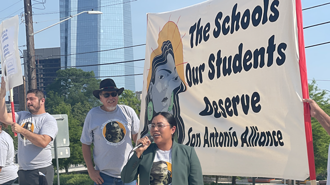 Congressional candidate Jessica Cisneros spoke to teachers and community members during a rally outside San Antonio ISD headquarters Monday.