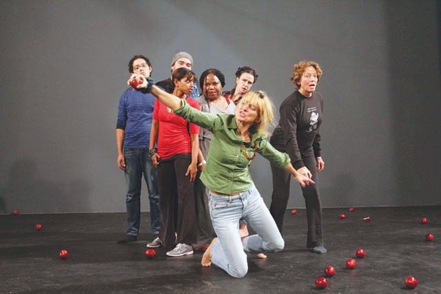 Director Viera Dubačová demonstrating a move to cast members of Stranger. - Photo courtesy Jump-Start Performance Company