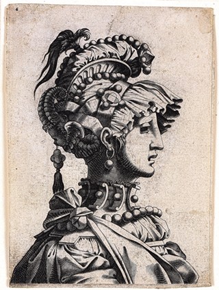 Workshop of René Boyvin, Fantastical Masked Female Head, after a drawing by Léonard Thiry (after designs by Rosso Fiorentino?), 1550s, engraving, 6 1/4 x 4 7/16 in. Blanton Museum of Art, The University of Texas at Austin, The Leo Steinberg Collection, 2002