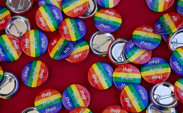 Free pronoun buttons at the AISD "Pride Out!" Party in the Park event at Eastside Early College High School in Austin on Saturday, Mar. 26, 2022. There were fill-in-the-blank and other options not pictured as well.