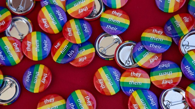 Free pronoun buttons at the AISD "Pride Out!" Party in the Park event at Eastside Early College High School in Austin on Saturday, Mar. 26, 2022. There were fill-in-the-blank and other options not pictured as well.