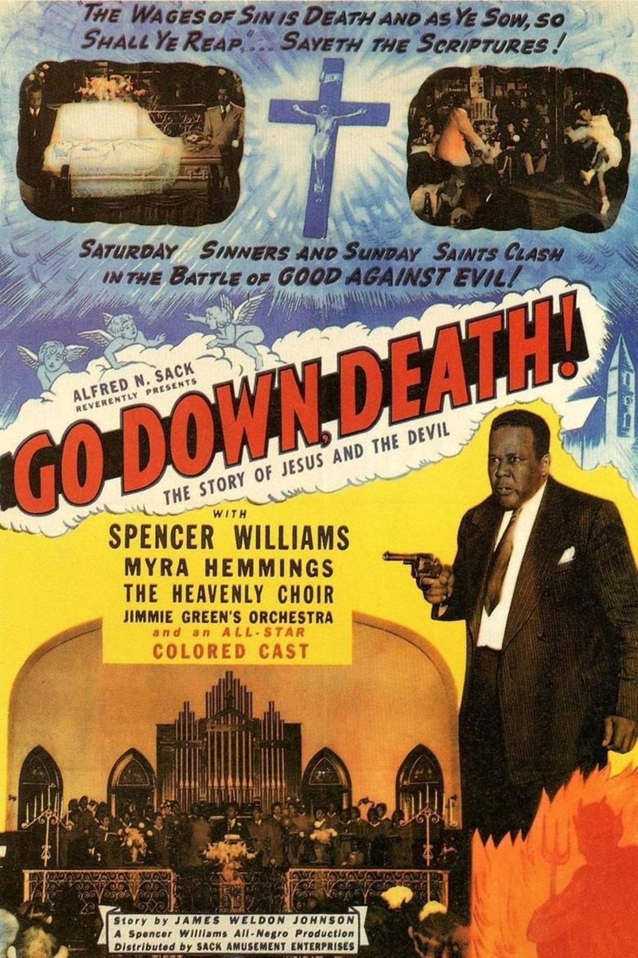 Go Down, Death!
A 1945 indie film by the pioneering African-American star and filmmaker Spencer K. Williams, Go Down, Death! was shot at various locales around our East Side. The film follows a crime boss who is eventually overcome with guilt from his war with a local preacher. Falling into the bygone category of a “race film,” Go Down, Death! features a mainly black cast and was made for black audiences. As such, the film provides an excellent opportunity to celebrate not only the achievement an esteemed black director, but also to consider, in a broad sense, the important contributions made by San Antonio’s African-American community. 
Photo courtesy of Sack Amusement Pictures