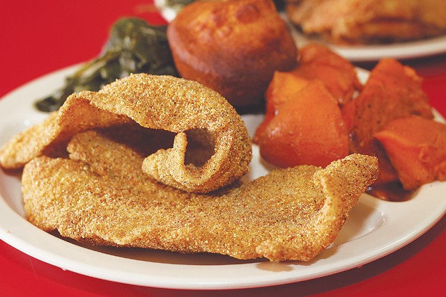 Fried catfish, yams, collard greens, and cornbread from Mama Lee’s Soul Food