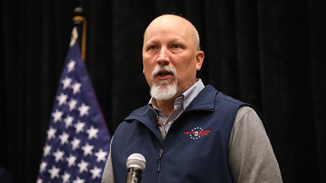 U.S. Rep. Chip Roy speaks with the media at a press conference in West Des Moines, Iowa.