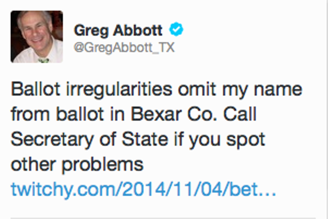 Greg Abbott Tweets That His Name Is Left Off Bexar County Ballot