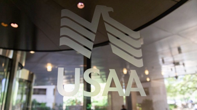 USAA's logo is emblazoned on a window of its sprawling corporate campus.