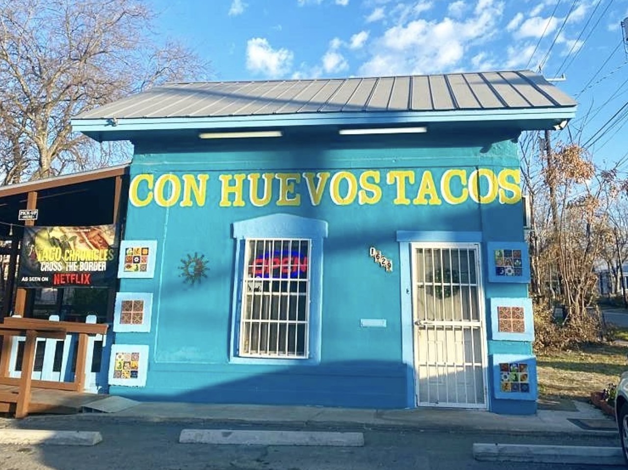 Con Huevos Tacos
1629 E. Houston St., (210) 229-9295, conhuevostacos.com
Con Huevos offers traditional tacos with creative twists and a selection of vegetarian and vegan options. Their patio offers an incredible view of the San Antonio skyline and iconic murals surround the building.The restaurant was also featured in the third season of Netflix’s Taco Chronicles.