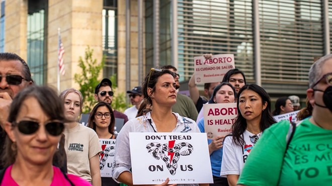 Over 100 people gather for an abortion rights rally at the federal courthouse in San Antonio on May 3, 2022, after a Supreme Court opinion draft that would overturn Roe v. Wade was leaked the night before.