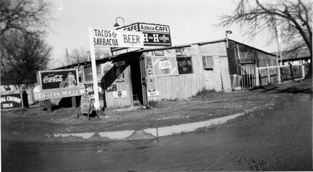 Azteca Cafe, San AntonioIt’s unclear exactly where Azteca Cafe was located, but according to the signage in this 1949 photo, tacos de barbacoa were a specialty — as was beer.