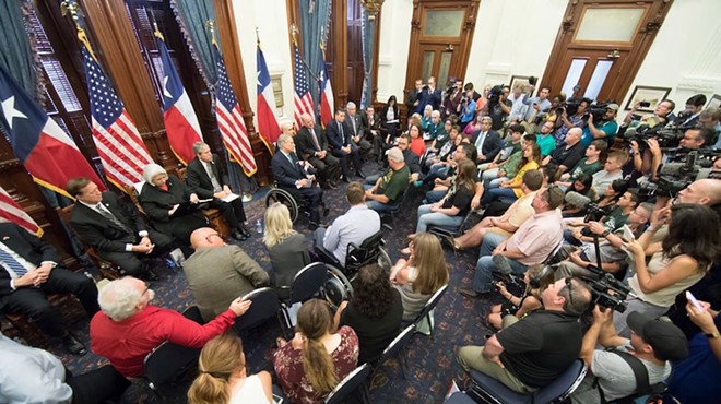exas Governor Greg Abbott convenes the third of three roundtable discussions on school safety and gun violence on May 24, 2018 in the wake of the Santa Fe High School shooting that left ten students dead.