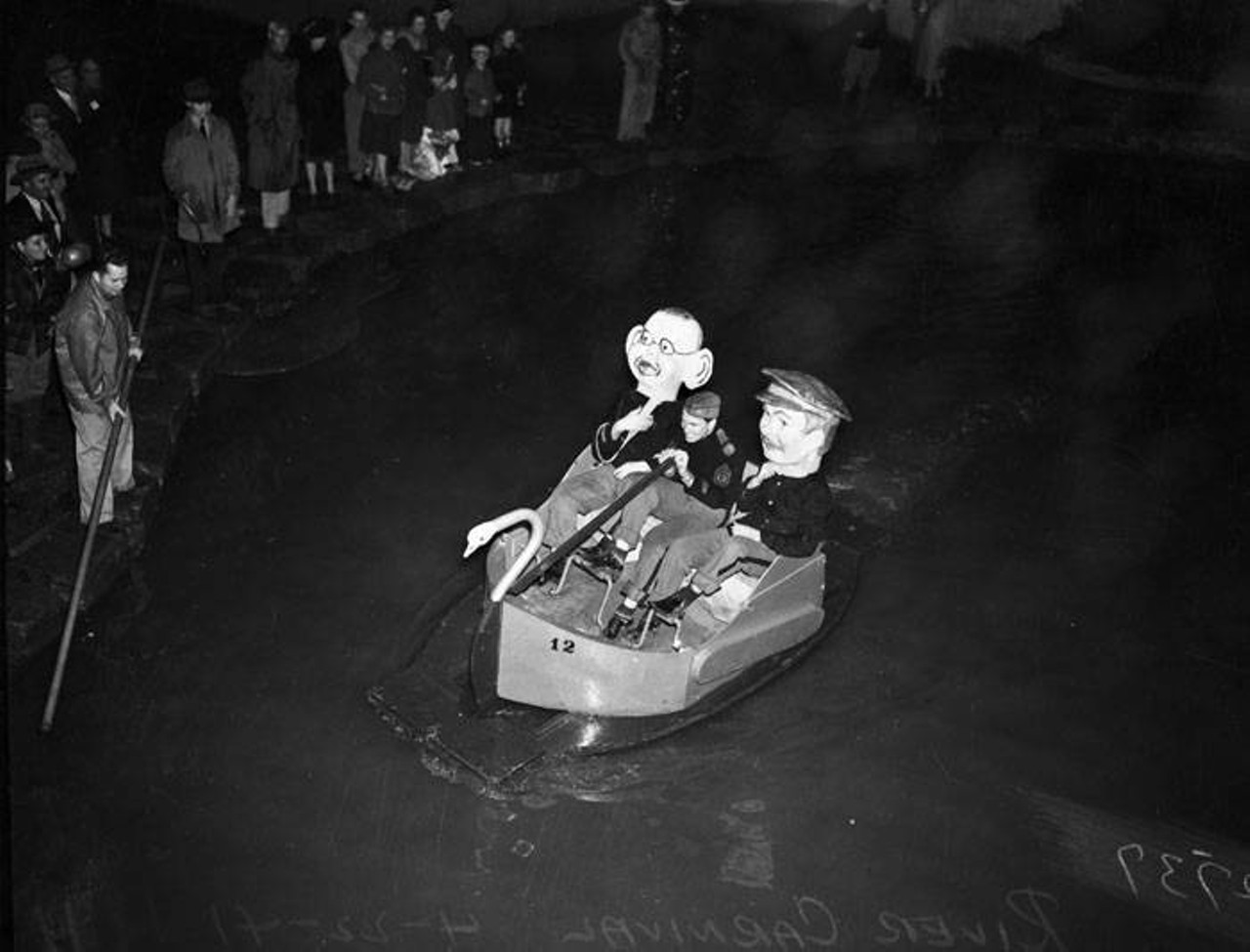 Paddleboat in the 1941 Texas Cavaliers River Parade
The caption at the time called them “strange creatures,” but nowadays we call them Oklahomans.