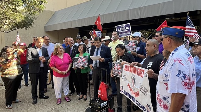 LULAC officials speak a press conference in front of the Texas Attorney General's Office in San Antonio.