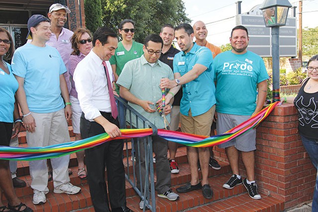Mayor Julián Castro, Councilman Diego Bernal and Pride Center board chair Richard Farias joined Equality Texas field organizer Robert Salcido and others to cut the ribbon at the New PRIDE Center office in June.