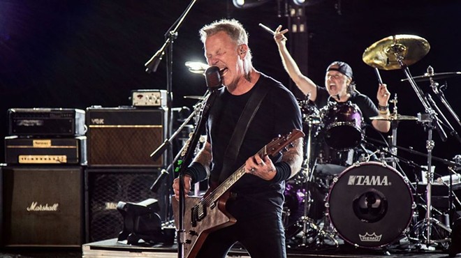 Metallica's James Hetfield growls it out during the band's performance that was broadcast to drive-in screens.