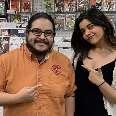 Ms. Marvel star Iman Vellani (right) poses with a local fan.