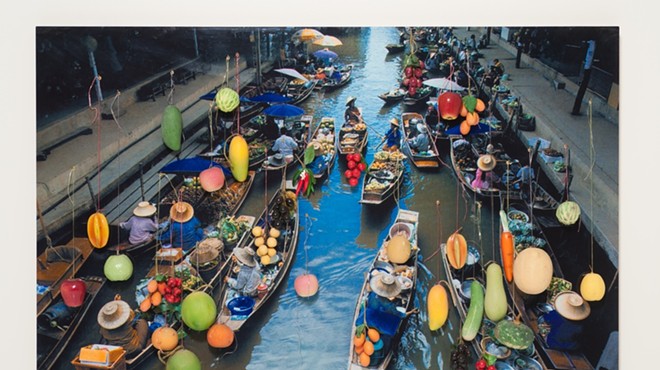 Surasi Kusolwong (b. 1965, Ayutthaya, Thailand; lives Bangkok, Thailand). Small is Beautiful (Gold Floating Market), 2002. Inkjet print on plywood with plastic fruit. 47 1/4 x 71 3/4 x 4 in.
2007.1.252. Originally commissioned by Artpace San Antonio.