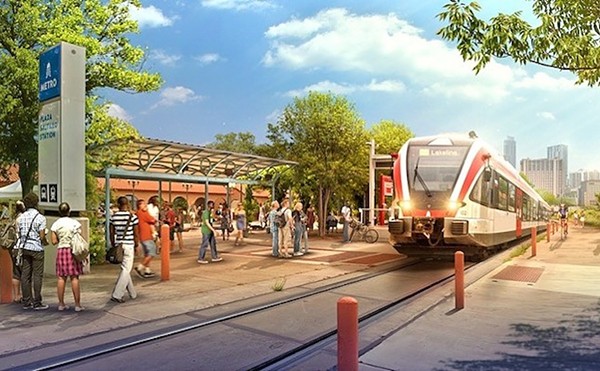 An artist's rendering shows what a passenger rail line connecting San Antonio and Austin might look like.