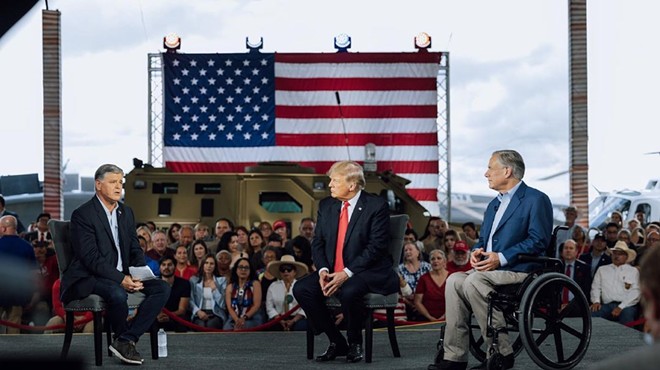 Gov. Greg Abbott plays to the base during a border photo op earlier this year with Donald Trump and Fox News host Sean Hannity.