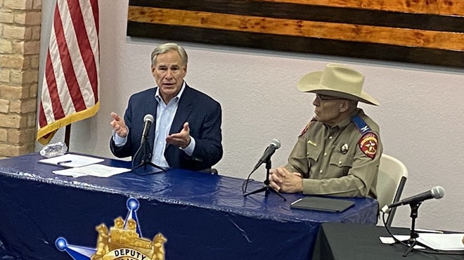 Gov. Greg Abbott talks up Operation Lone Star as Texas Department of Public Safety Director Steven C. McCraw looks on. Both were in San Antonio last week for a "law enforcement roundtable" organized by the governor's office.