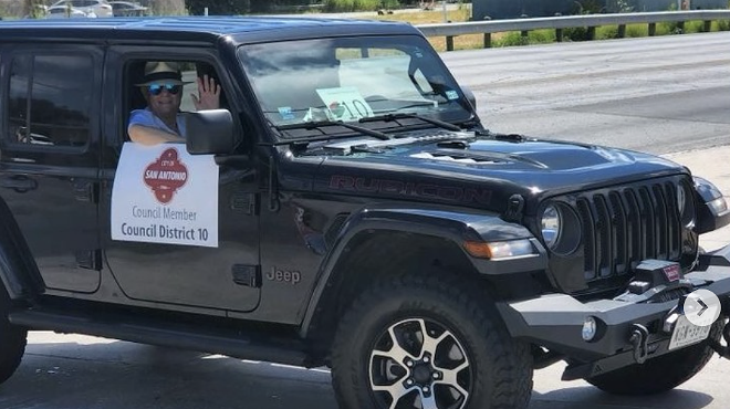 District 10 City Councilman Clayton Perry celebrates Juneteenth Day in a black Jeep Wrangler similar to the one allegedly involved in a hit-and-run incident on Sunday.