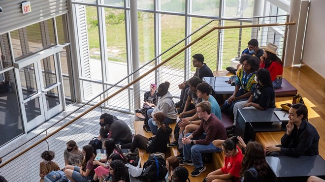 Early College High school juniors listen to a presentation on college applications at the Austin Community College's Round Rock campus on May 5, 2023.