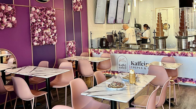 Kaffeinated's decor boasts splashes of pink, purple and gold.
