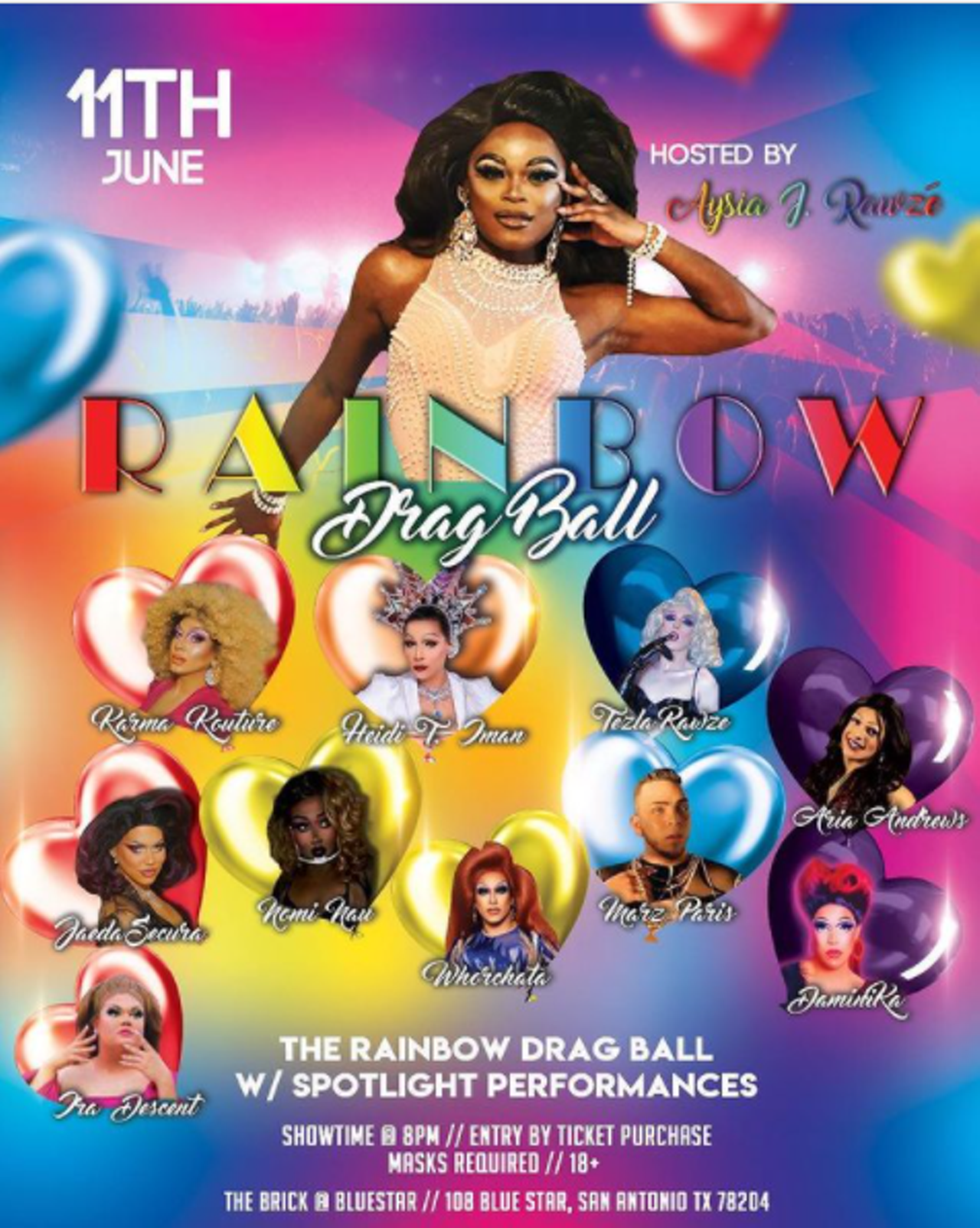 Rainbow Drag Ball
$20-$75, 7 p.m., June 11, Brick at Blue Star Arts Complex, 108 Blue Star, (210) 262-8653, eventbrite.com
Enjoy drag performances by Tezla Rawzè, Nomi Nou, DaminKa, and more at the Rainbow Drag Ball, hosted by Aysia J Rawzè. 
Photo via Instagram / official_hbic_aysia1