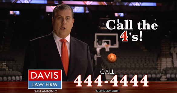 Jeff Davis
“Jeff’s here 4 you!” Sound familiar? Yeah, because you’ve seen Jeff Davis’ loud commercial in which he reminds you that all you have to remember is “4.” Yup, (210) 444-4444 Jeff’s your guy if you’re looking for an accident or injury attorney.
Photo via YouTube / Davis Law Firm