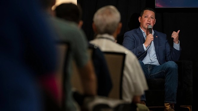 Tony Gonzales is interviewed by moderator Jake Sherman during a one-on-one conversation at The Texas Tribune Festival in Austin on Sept. 5, 2024.