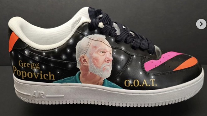 The one-of-a-kind shoes features Gregg Popovich's face and the phrase "G.O.A.T," an acronym for "Greatest of All Time."