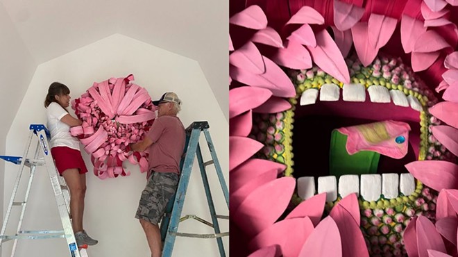 Left: Jayne Lawrence and her husband Whitney install Cactus Barn’s inaugural show. Right: One of the pieces in the new show depicts a flower with teeth and a tongue gobbling down a pill.