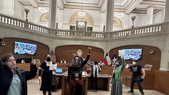 indigenous woman Mazatl Cihuatl rallies pro-Palestine supporters during San Antonio City Council's public comment session on Wednesday.