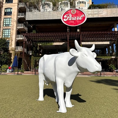 An unpainted cow stands in fake grass at The Pearl.