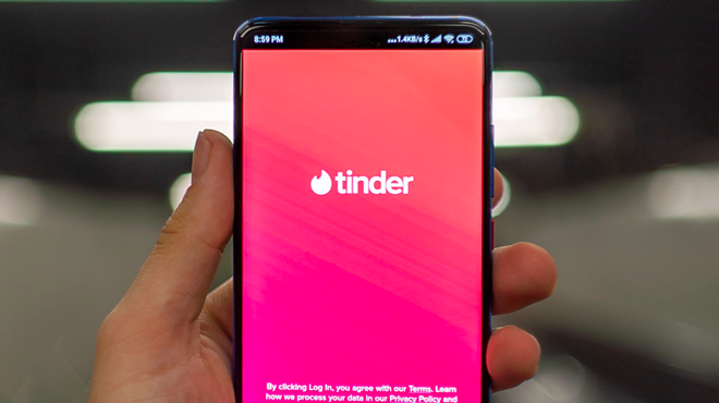 An iPhone shows off the Tinder app.