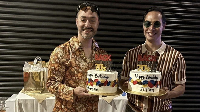 Congressman Joaquin Castro and former Obama cabinet member Julián Castro hold cakes celebrating their 50th birthdays.