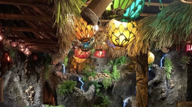 Hugman's Oasis features a lush interior with tiki-centric details.