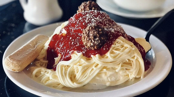 Paciugo Gelato & Caffè's “spaghetti bolognese” features vanilla gelato noodles as a base.