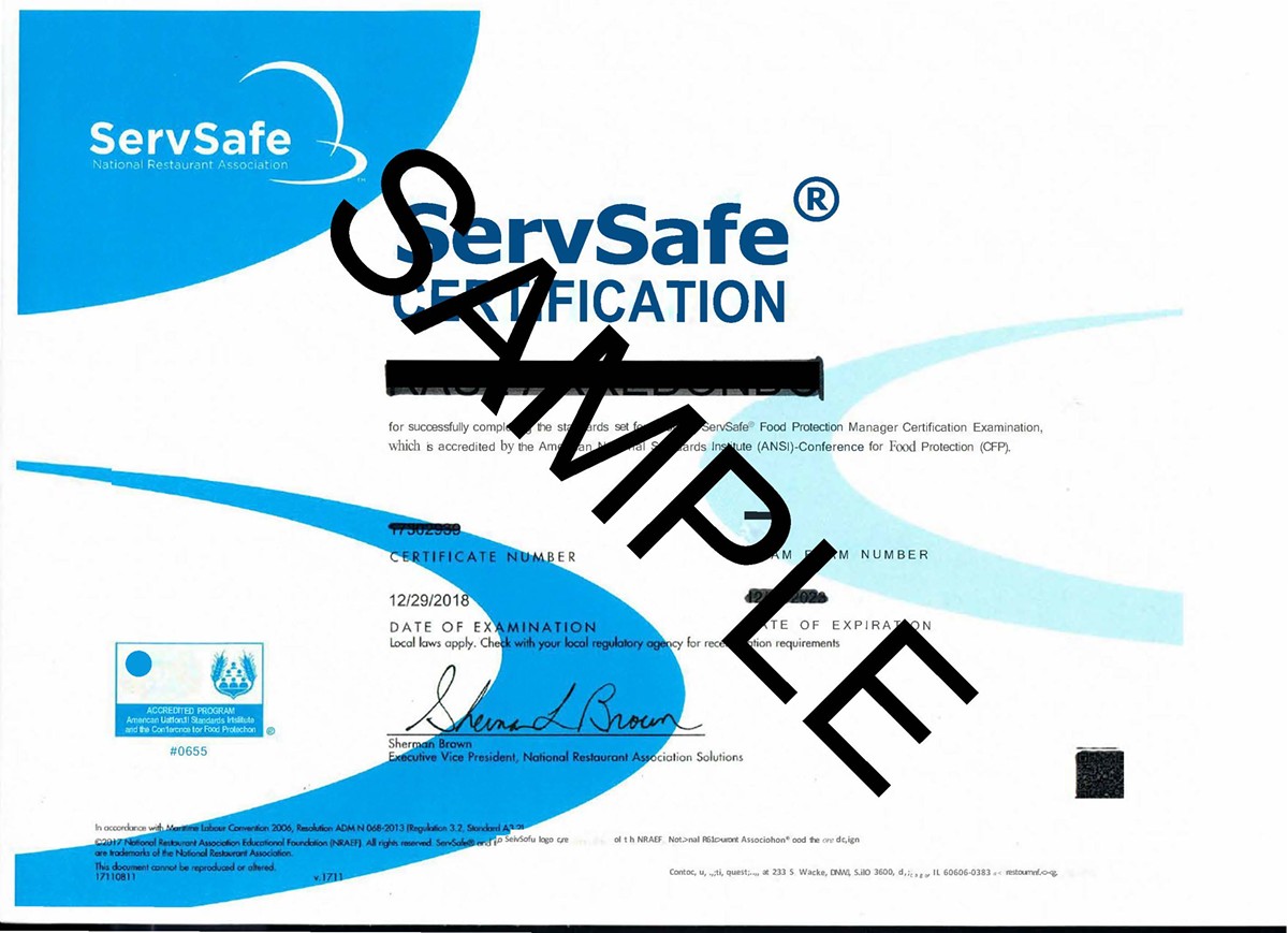 SAMPLE ServSafe Certificate