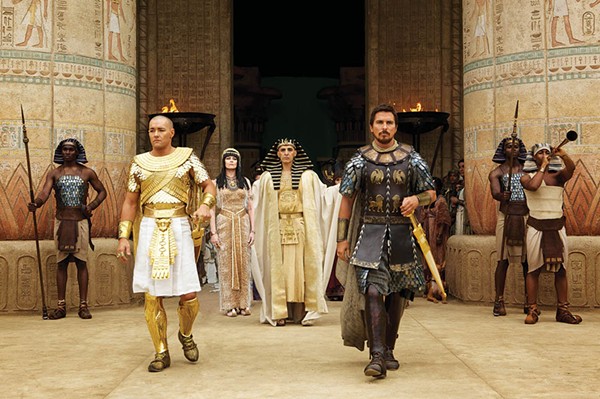 Seti (John Turturro, background) presents the future leaders of Egypt: Ramses (Joel Edgerton, left) and Moses (Christian Bale) - COURTESY