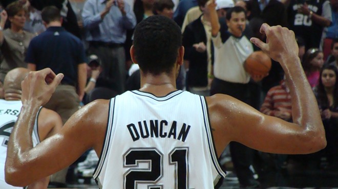 Tim Duncan takes position during a 2010 game against the Denver Nuggets.